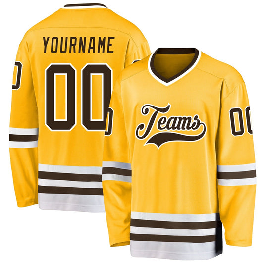 Custom Gold Brown-White Hockey Jersey, Vintage Hockey T-shirts, Custom Hockey Jersey For Team