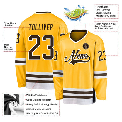 Custom Gold Brown-White Hockey Jersey, Vintage Hockey T-shirts, Custom Hockey Jersey For Team