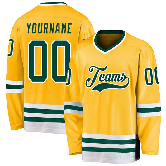 Custom Gold Green-White Hockey Jersey, Vintage Hockey T-shirts, Custom Hockey Jersey For Team