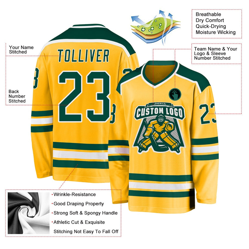 Custom Gold Green-White Hockey Jerseys, Vintage Hockey T-shirts, Custom Hockey Jersey For Team