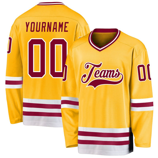 Custom Gold Maroon-White Hockey Jersey, Vintage Hockey T-shirts, Custom Hockey Jersey For Team