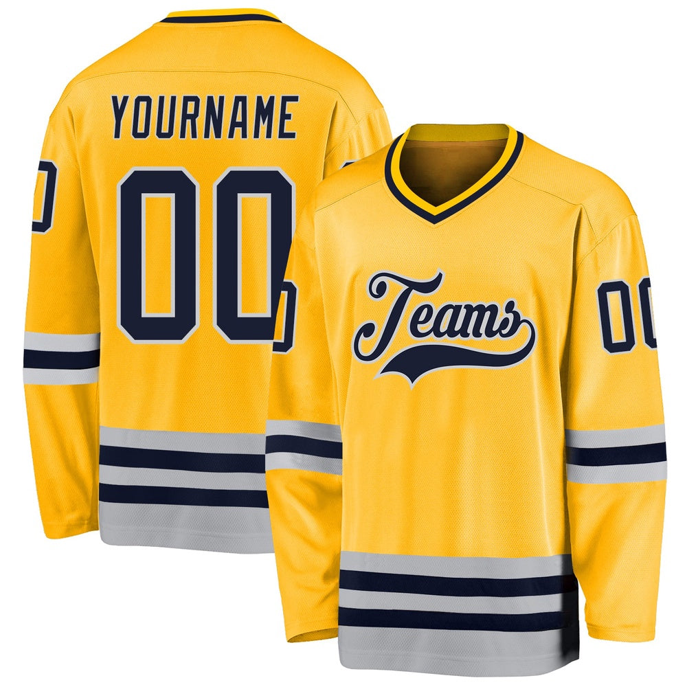 Custom Gold Navy-Gray Hockey Jersey, Vintage Hockey T-shirts, Custom Hockey Jersey For Team