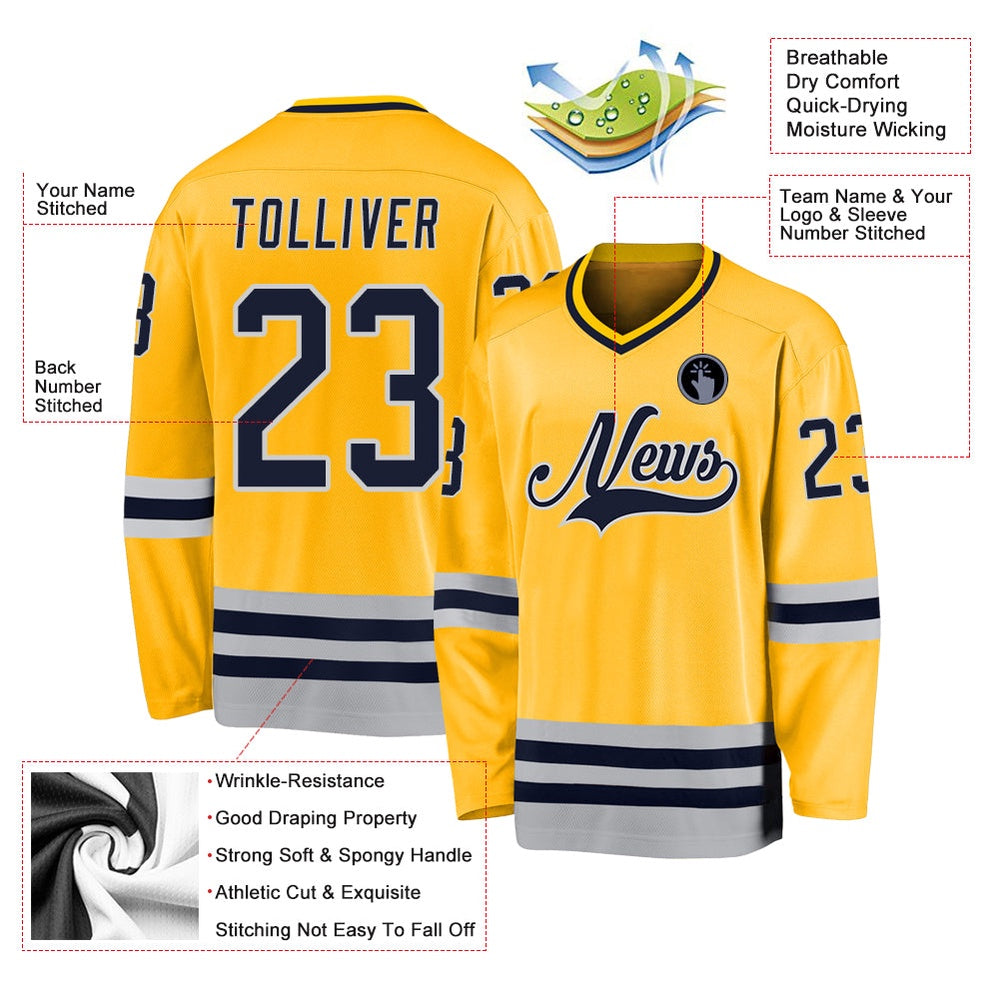 Custom Gold Navy-Gray Hockey Jersey, Vintage Hockey T-shirts, Custom Hockey Jersey For Team