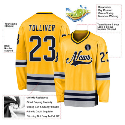 Custom Gold Navy-Gray Hockey Jersey, Vintage Hockey T-shirts, Custom Hockey Jersey For Team