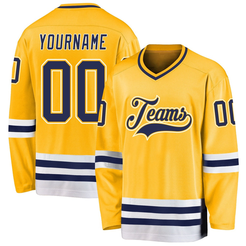 Custom Gold Navy-White Hockey Jersey, Vintage Hockey T-shirts, Custom Hockey Jersey For Team