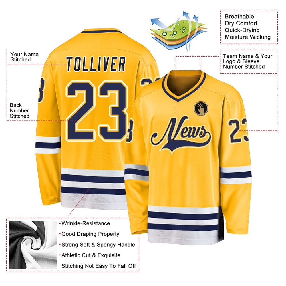 Custom Gold Navy-White Hockey Jersey, Vintage Hockey T-shirts, Custom Hockey Jersey For Team