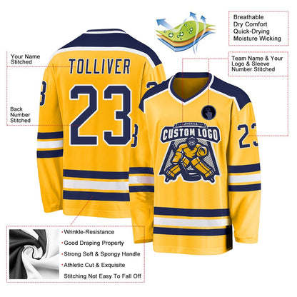 Custom Gold Navy-White Hockey Jerseys, Vintage Hockey T-shirts, Custom Hockey Jersey For Team