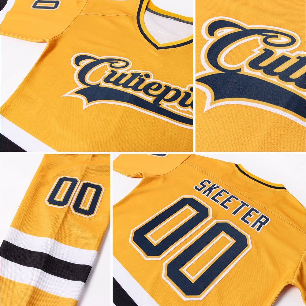 Custom Gold Navy-White Hockey Jersey, Vintage Hockey T-shirts, Custom Hockey Jersey For Team