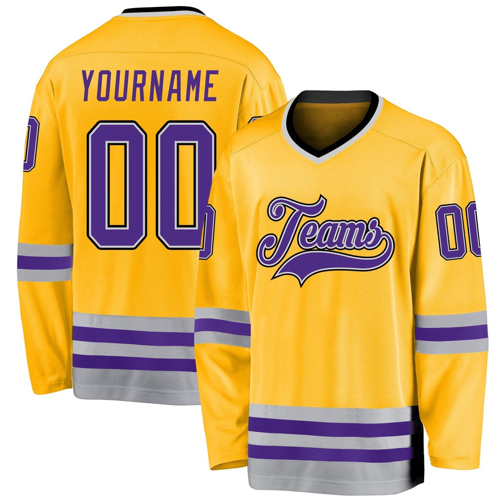 Custom Gold Purple-Gray Hockey Jersey, Vintage Hockey T-shirts, Custom Hockey Jersey For Team