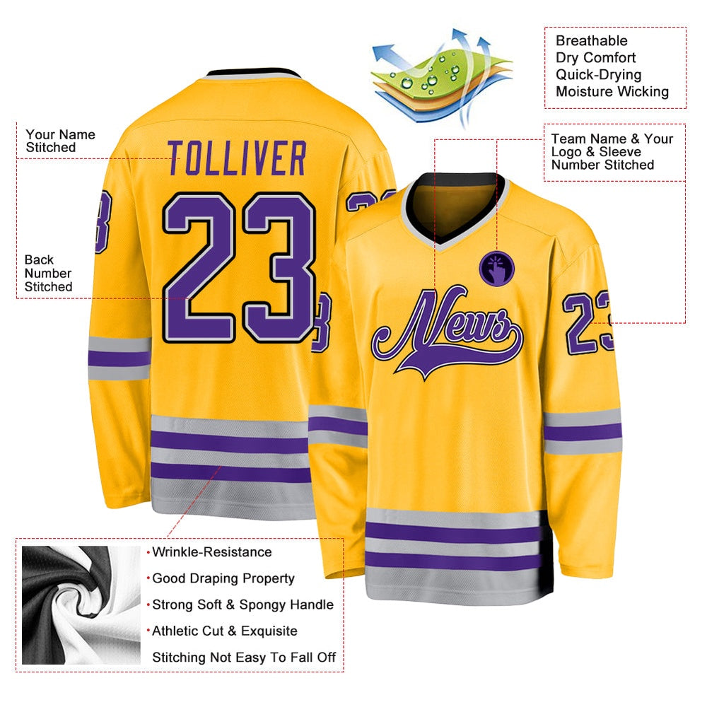 Custom Gold Purple-Gray Hockey Jersey, Vintage Hockey T-shirts, Custom Hockey Jersey For Team