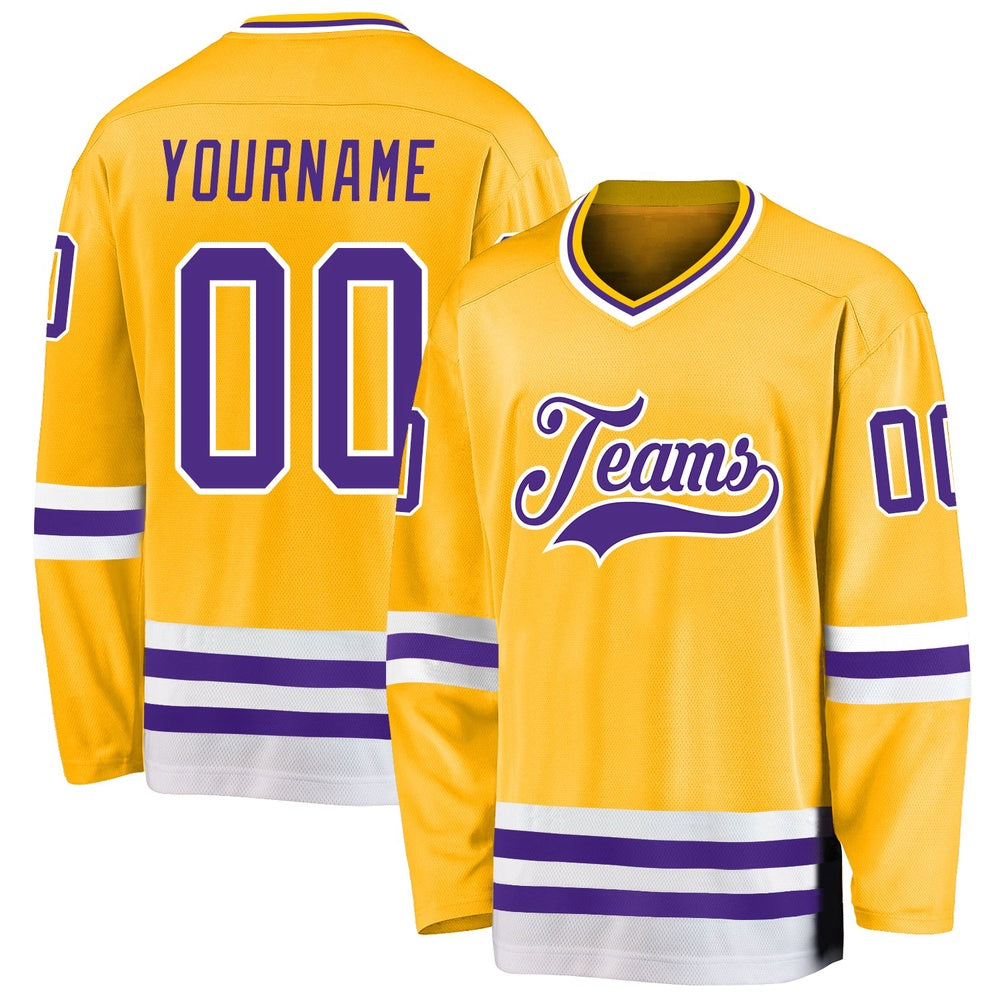 Custom Gold Purple-White Hockey Jersey, Vintage Hockey T-shirts, Custom Hockey Jersey For Team