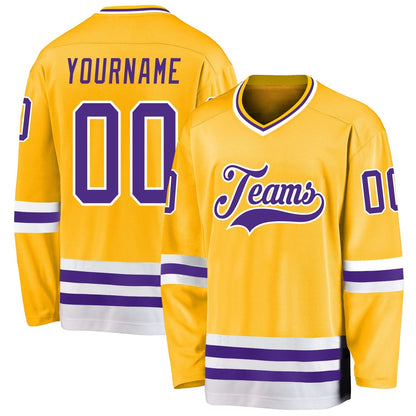 Custom Gold Purple-White Hockey Jersey, Vintage Hockey T-shirts, Custom Hockey Jersey For Team