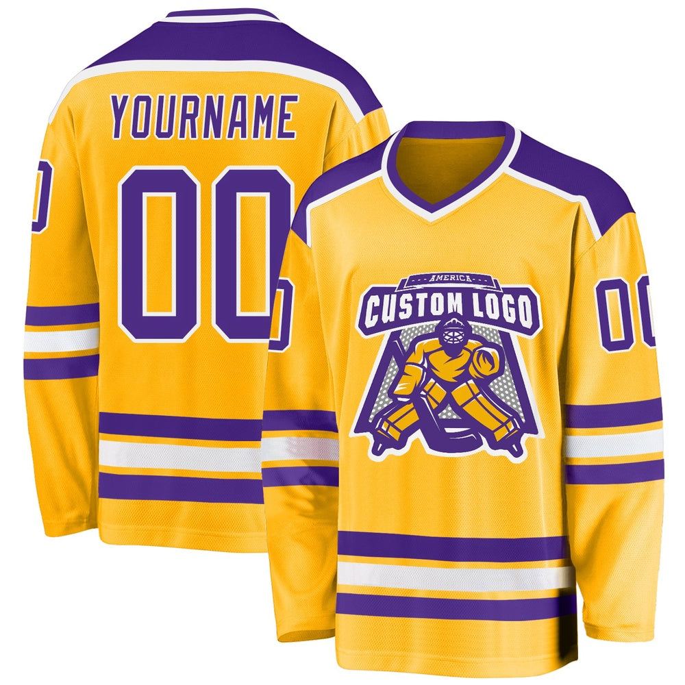 Custom Gold Purple White Hockey Jersey, Vintage Hockey T-shirts, Custom Hockey Jersey For Team