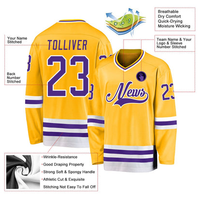 Custom Gold Purple-White Hockey Jersey, Vintage Hockey T-shirts, Custom Hockey Jersey For Team