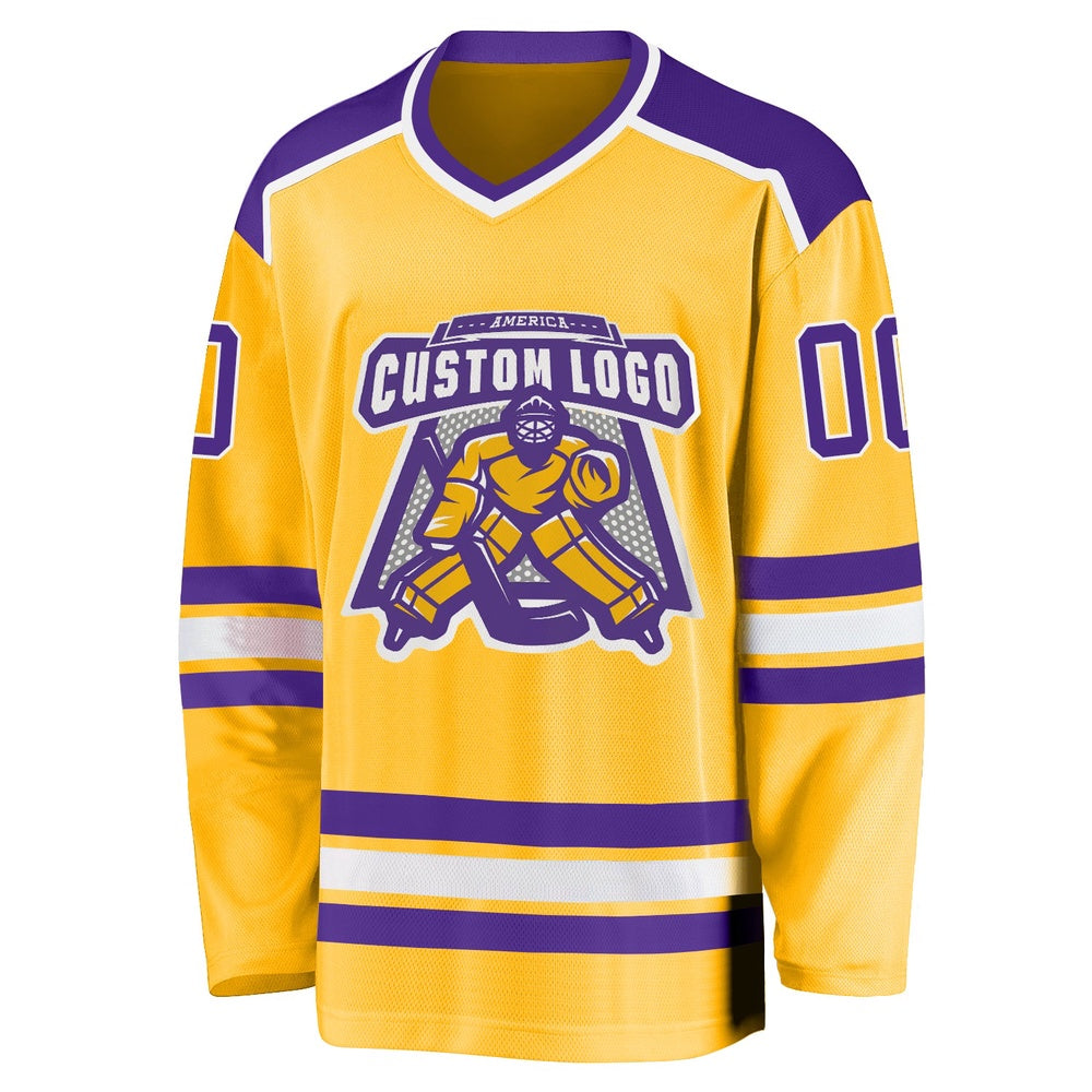 Custom Gold Purple White Hockey Jersey, Vintage Hockey T-shirts, Custom Hockey Jersey For Team