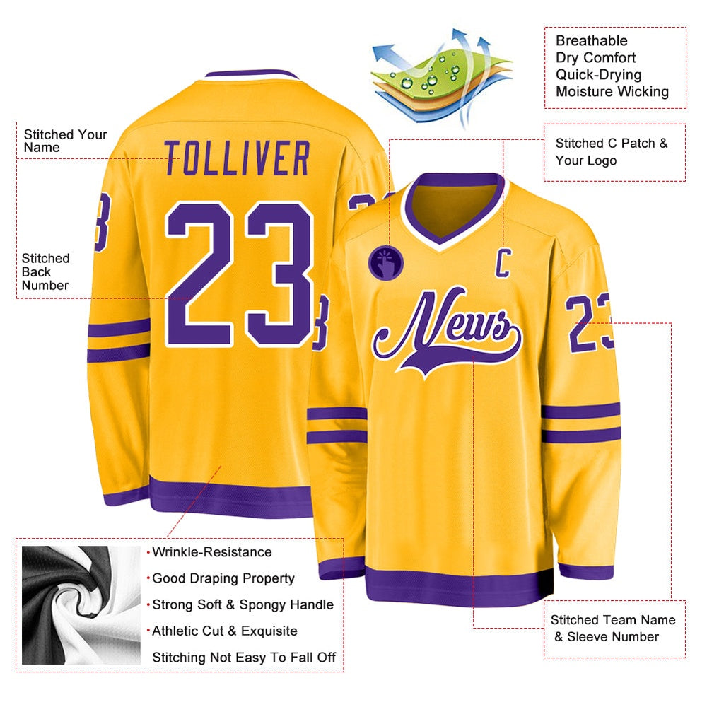 Custom Gold Purple-White Hockey Jerseys, Vintage Hockey T-shirts, Custom Hockey Jersey For Team