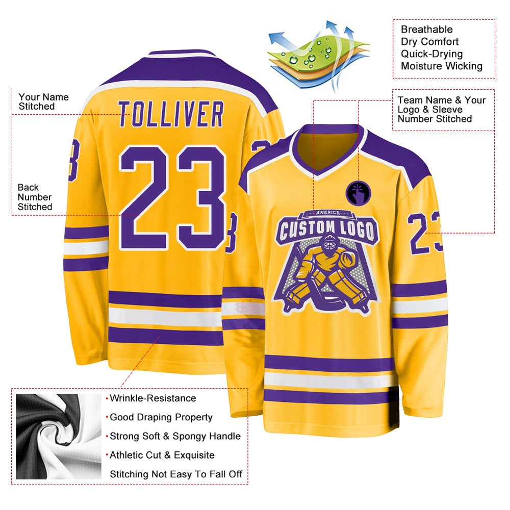 Custom Gold Purple White Hockey Jersey, Vintage Hockey T-shirts, Custom Hockey Jersey For Team