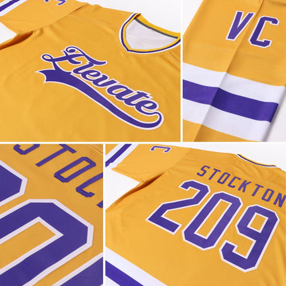 Custom Gold Purple-White Hockey Jersey, Vintage Hockey T-shirts, Custom Hockey Jersey For Team