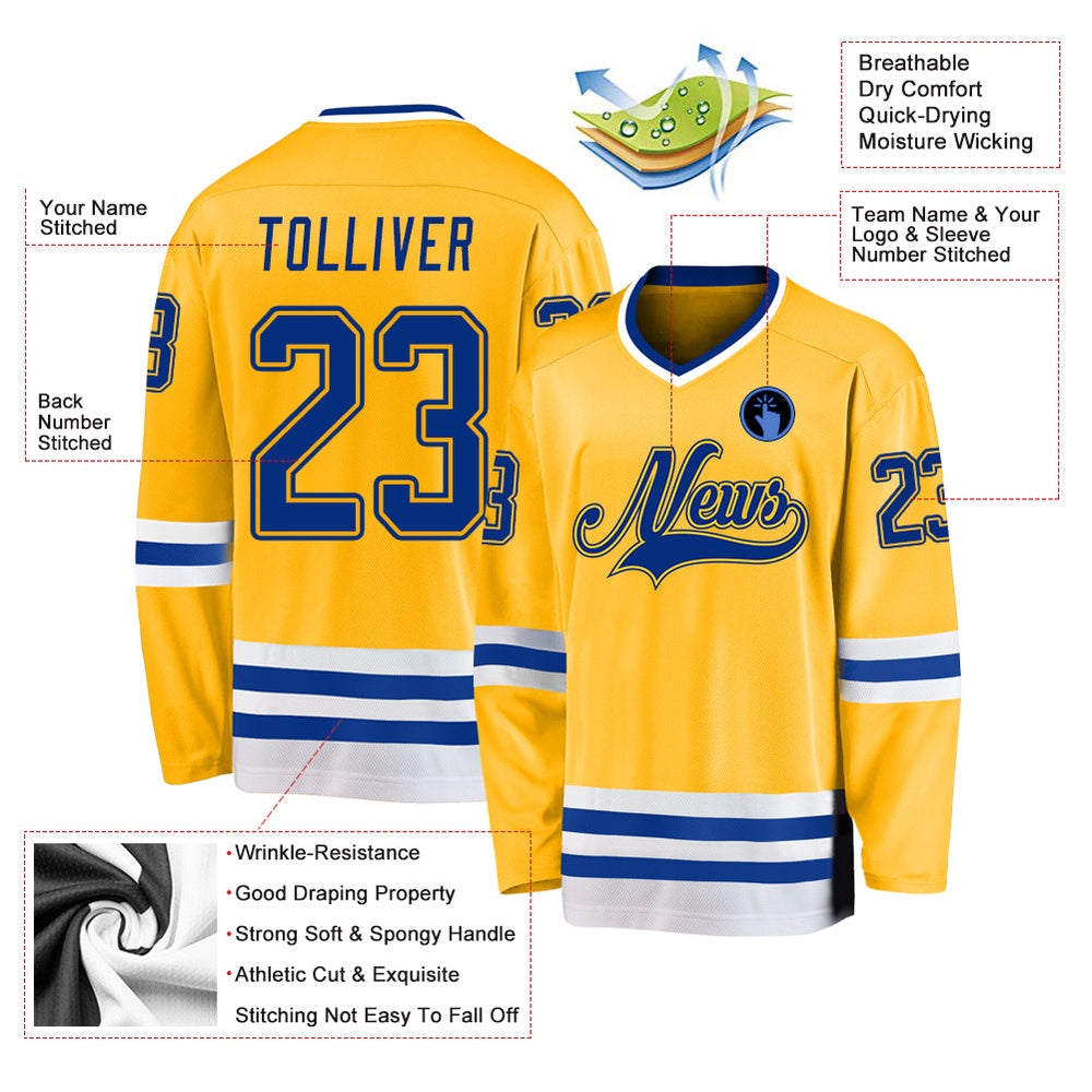 Custom Gold Royal-White Hockey Jersey, Vintage Hockey T-shirts, Custom Hockey Jersey For Team