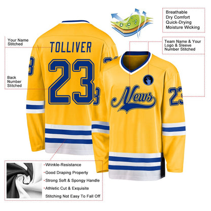 Custom Gold Royal-White Hockey Jersey, Vintage Hockey T-shirts, Custom Hockey Jersey For Team