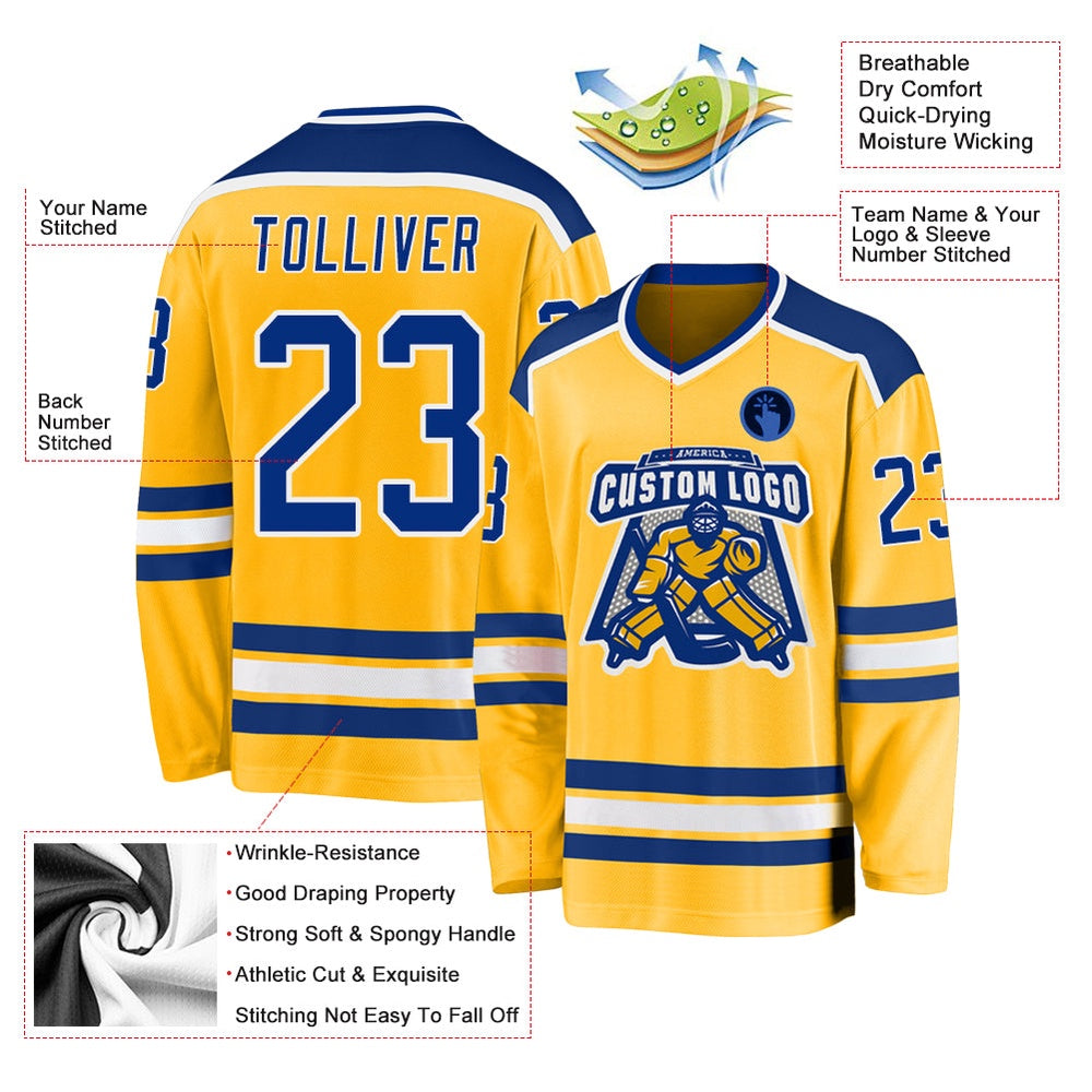 Custom Gold Royal-White Hockey Jerseys, Vintage Hockey T-shirts, Custom Hockey Jersey For Team