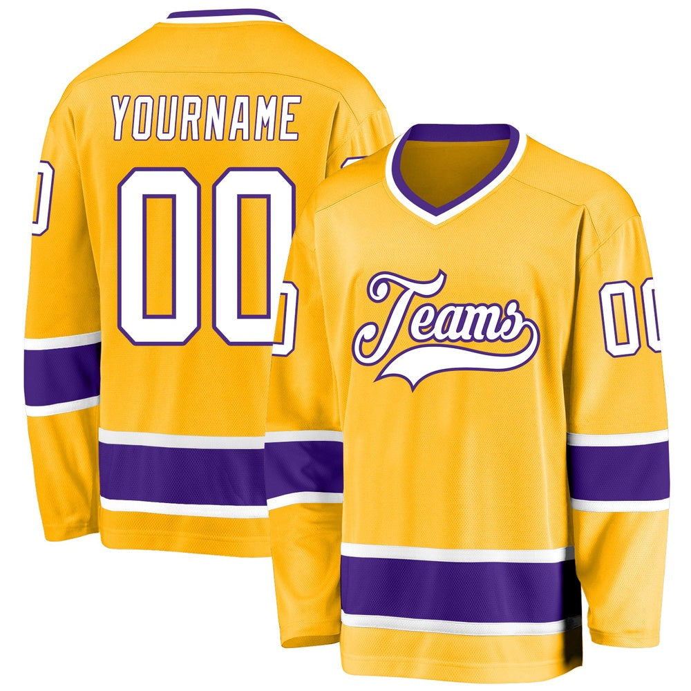 Custom Gold White-Purple Hockey Jersey, Vintage Hockey T-shirts, Custom Hockey Jersey For Team