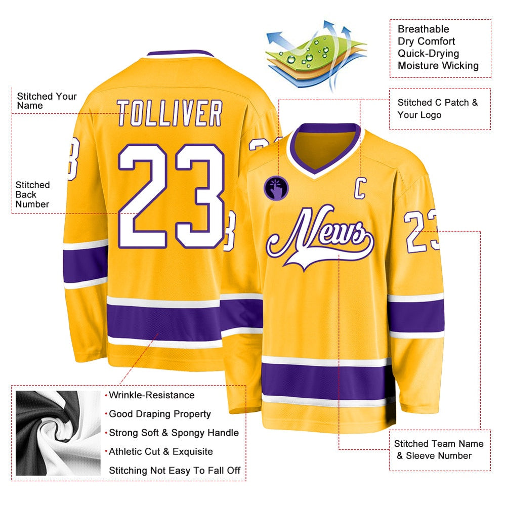 Custom Gold White-Purple Hockey Jersey, Vintage Hockey T-shirts, Custom Hockey Jersey For Team