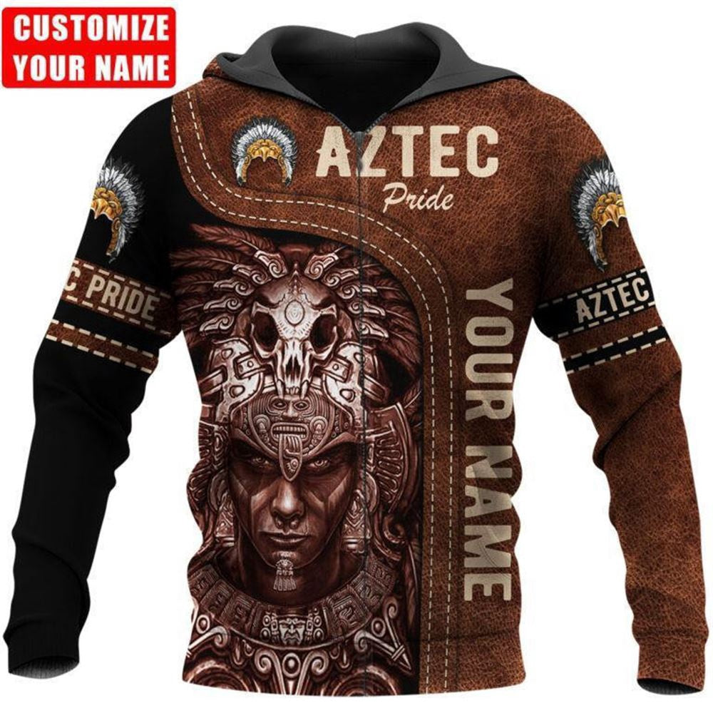 Customized Mexico 3D Hoodie, Skull Hat Warrior Unique Brown Pattern Aztec All Over Printed 3D Hoodie, Aztec Hoodie, Mexico Shirt