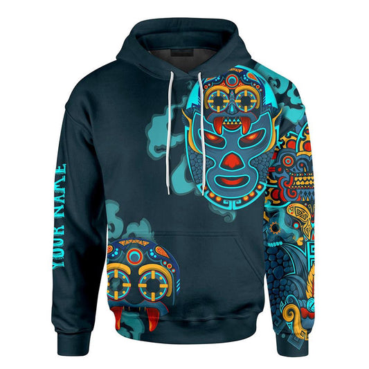 Customized Mexico 3D Hoodie, Tlaloc Mexican Wrestling Mask Maya Aztec Mexican Mural Art All Over Printed 3D Hoodie, Aztec Hoodie, Mexico Shirt
