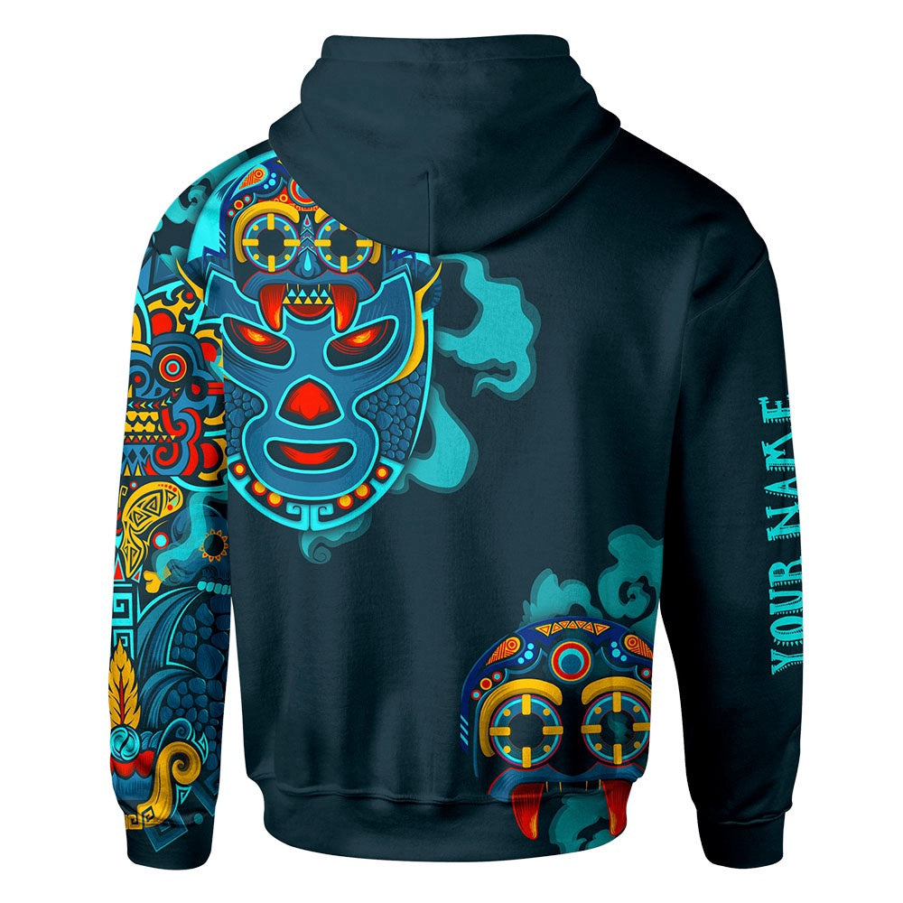 Customized Mexico 3D Hoodie, Tlaloc Mexican Wrestling Mask Maya Aztec Mexican Mural Art All Over Printed 3D Hoodie, Aztec Hoodie, Mexico Shirt