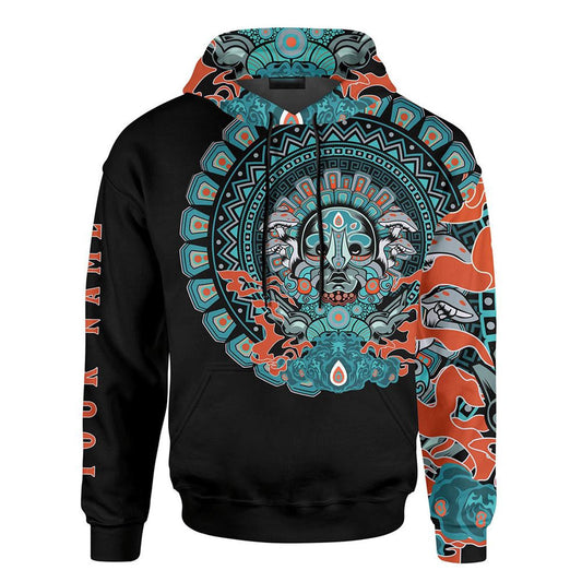 Customized Mexico 3D Hoodie, Xochipilli Aztec Mexican Mural Art Blue All Over Printed 3D Hoodie, Aztec Hoodie, Mexico Shirt