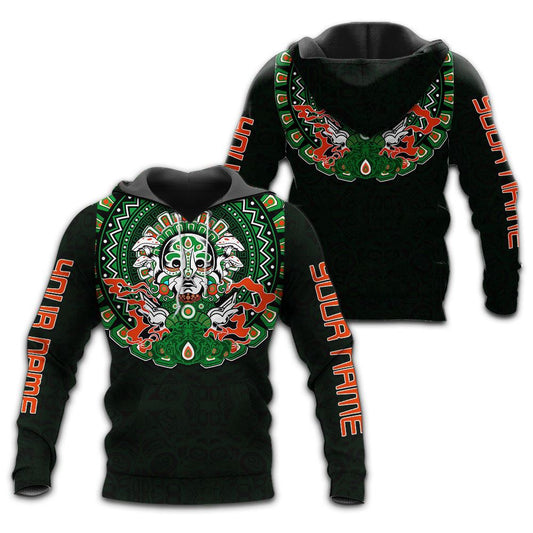 Customized Mexico 3D Hoodie, Xochipilli Aztec Mexican Mural Art Green All Over Printed 3D Hoodie, Aztec Hoodie, Mexico Shirt
