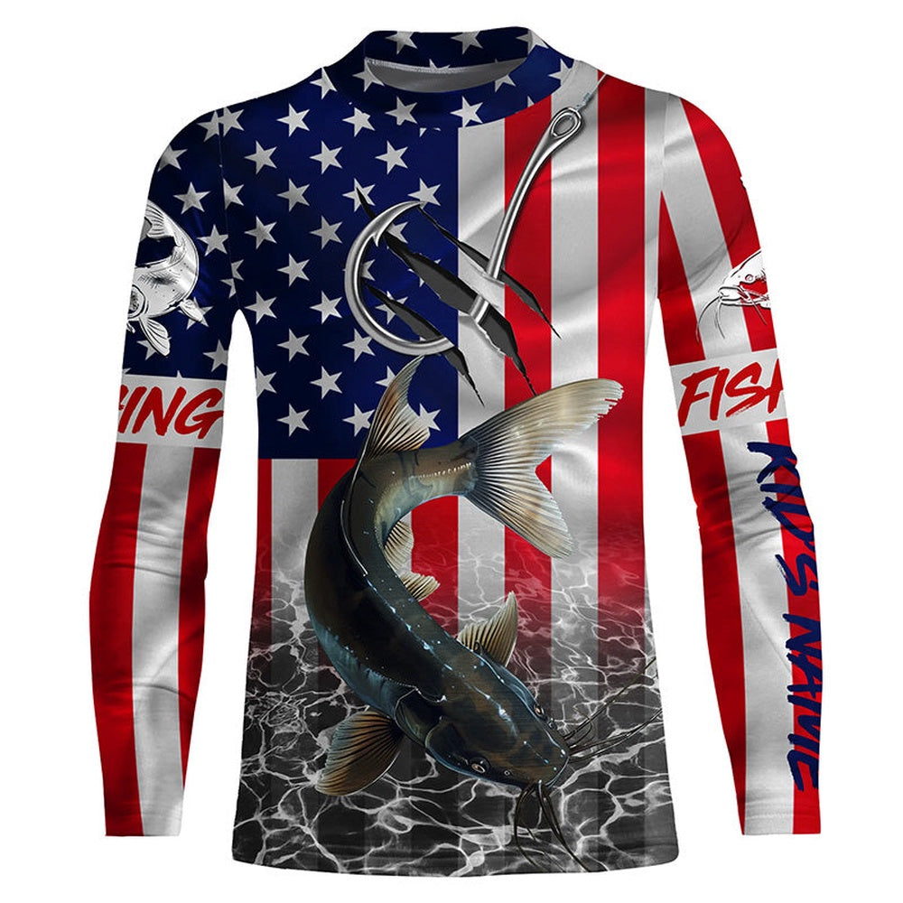 American Flag Catfish Fish Hook Custom Long Sleeve Performance Fishing Shirts, Catfish Fishing Jerseys, Custom Fishing Shirts, Fishing Gifts