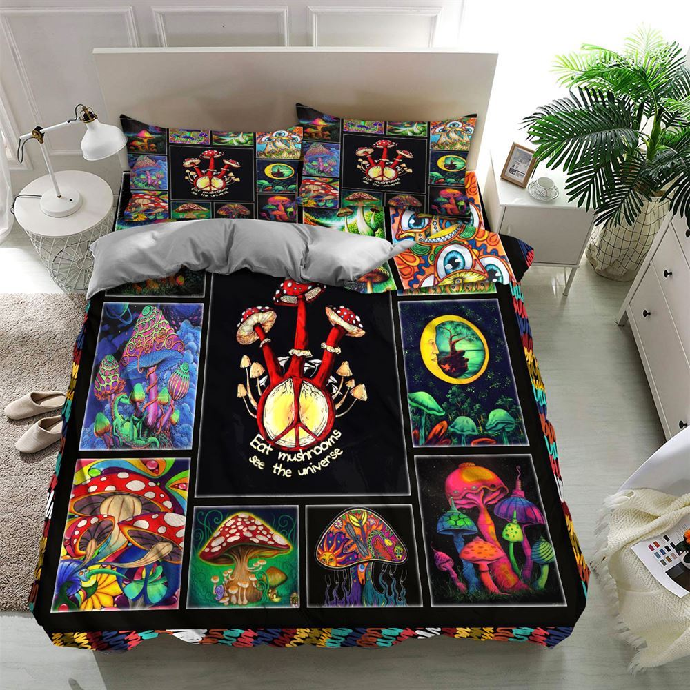 Eat Mushrooms See The Universe Quilt Bedding Set, Boho Bedding Set, Soft Comfortable Quilt, Hippie Home Decor