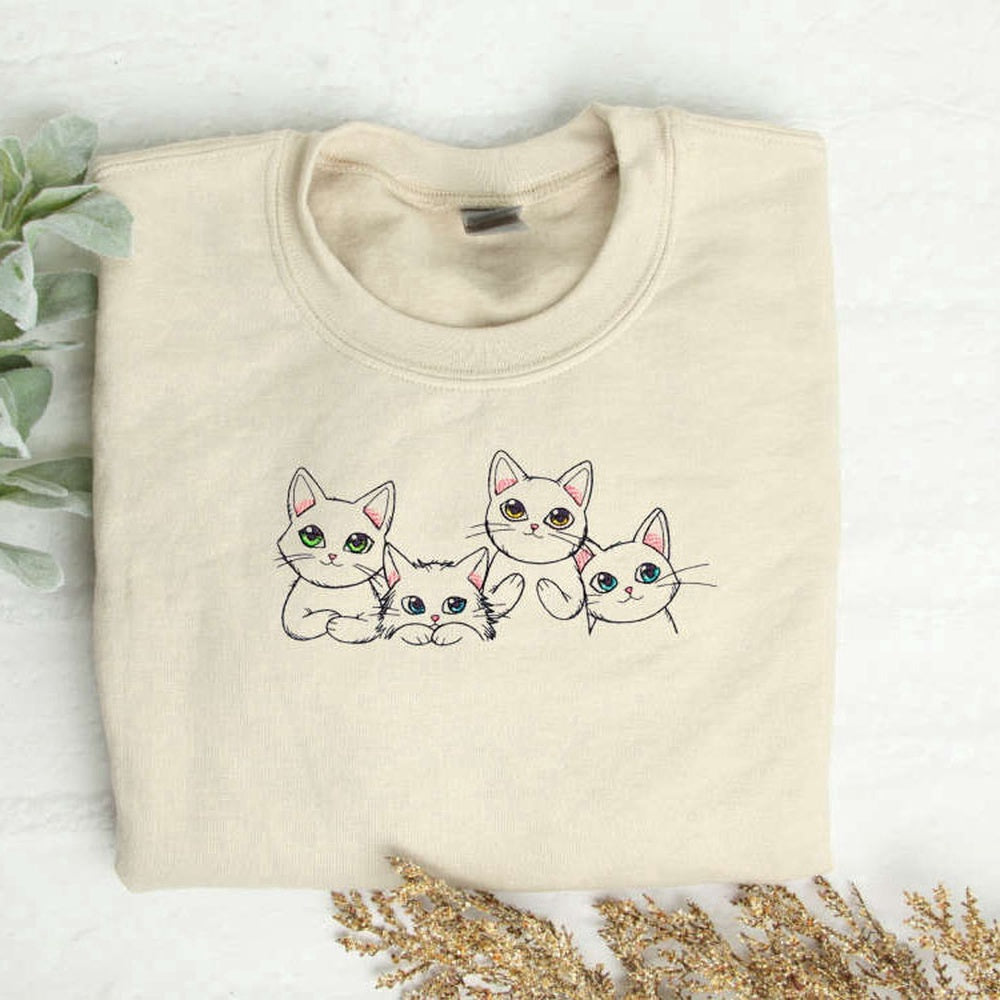 Embroidered Custom Sweatshirts, Adorable Cats Embroidered Sweatshirt, Crewneck Aesthetic Sweatshirt, Gift For Cat Lovers, Christmas Gift