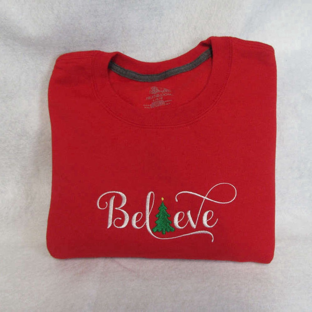 Embroidered Custom Sweatshirts, Believe Christmas Embroidered Sweatshirt 2D Crewneck Sweatshirt Gift For Family, Christmas Gift