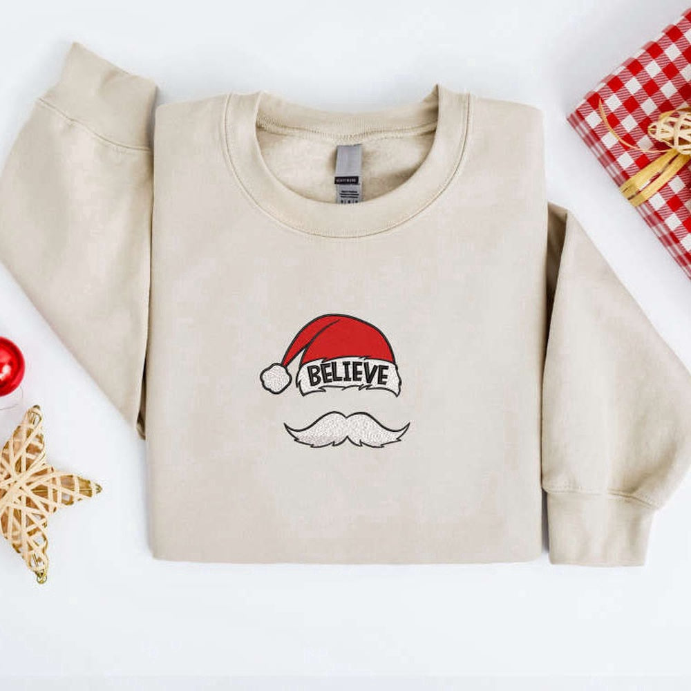 Embroidered Custom Sweatshirts, Believe Santa Hat Mustache Sweatshirt For Family, Christmas Gift