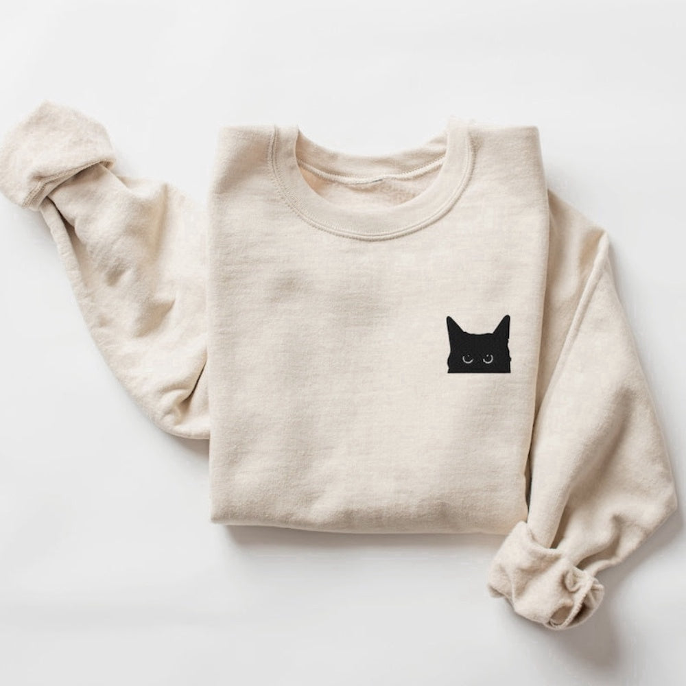 Embroidered Custom Sweatshirts, Black Cat Halloween Embroidered Sweatshirt 2D Crewneck Sweatshirt For Family, Christmas Gift