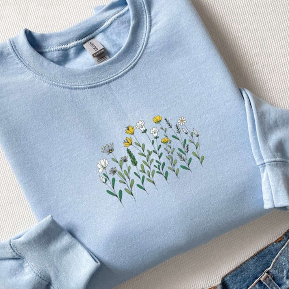 Embroidered Custom Sweatshirts, Boho Floral Embroidered Sweatshirt 2D Crewneck Sweatshirt Best Gift For Family, Christmas Gift