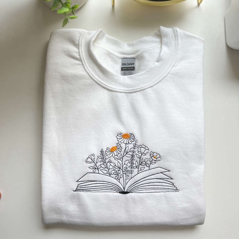 Embroidered Custom Sweatshirts, Book With Flowers, Floral Book Embroidered Sweatshirt, Gift For Book Lover, Christmas Gift