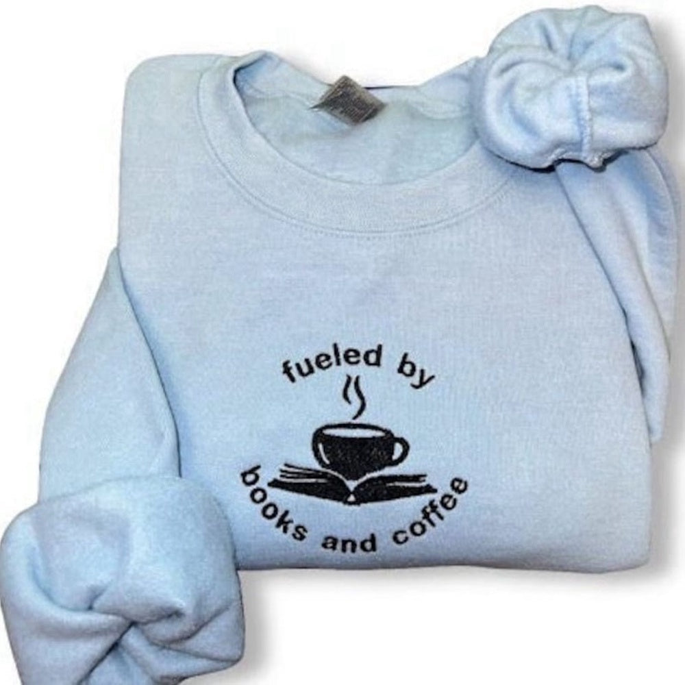 Embroidered Custom Sweatshirts, Books And Coffee Embroidered Sweatshirt 2D Crewneck Sweatshirt For Family, Christmas Gift