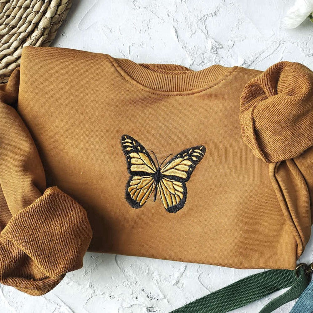 Embroidered Custom Sweatshirts, Butterfly Embroidered Sweatshirt 2D Crewneck Sweatshirt Best Gift For Family, Christmas Gift