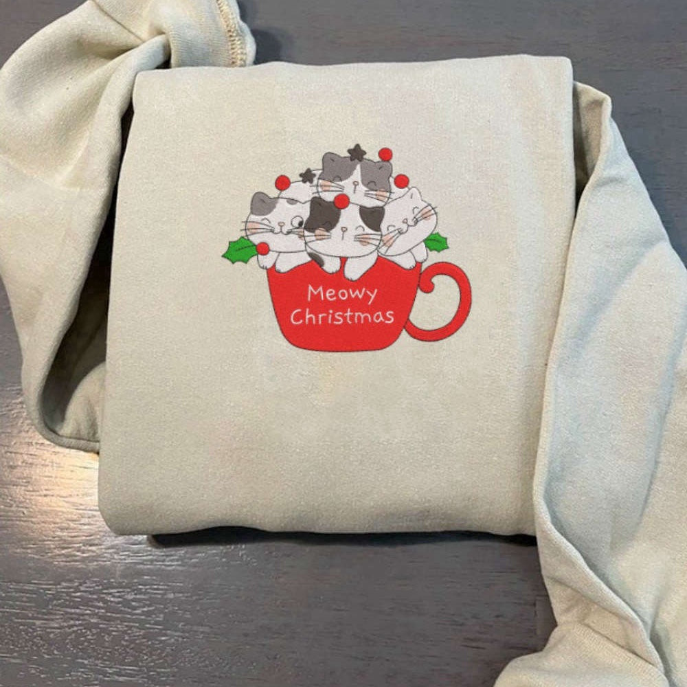 Embroidered Custom Sweatshirts, Cat Christmas Embroidered Sweatshirt, Christmas Sweatshirt For Men And Women, Christmas Gift