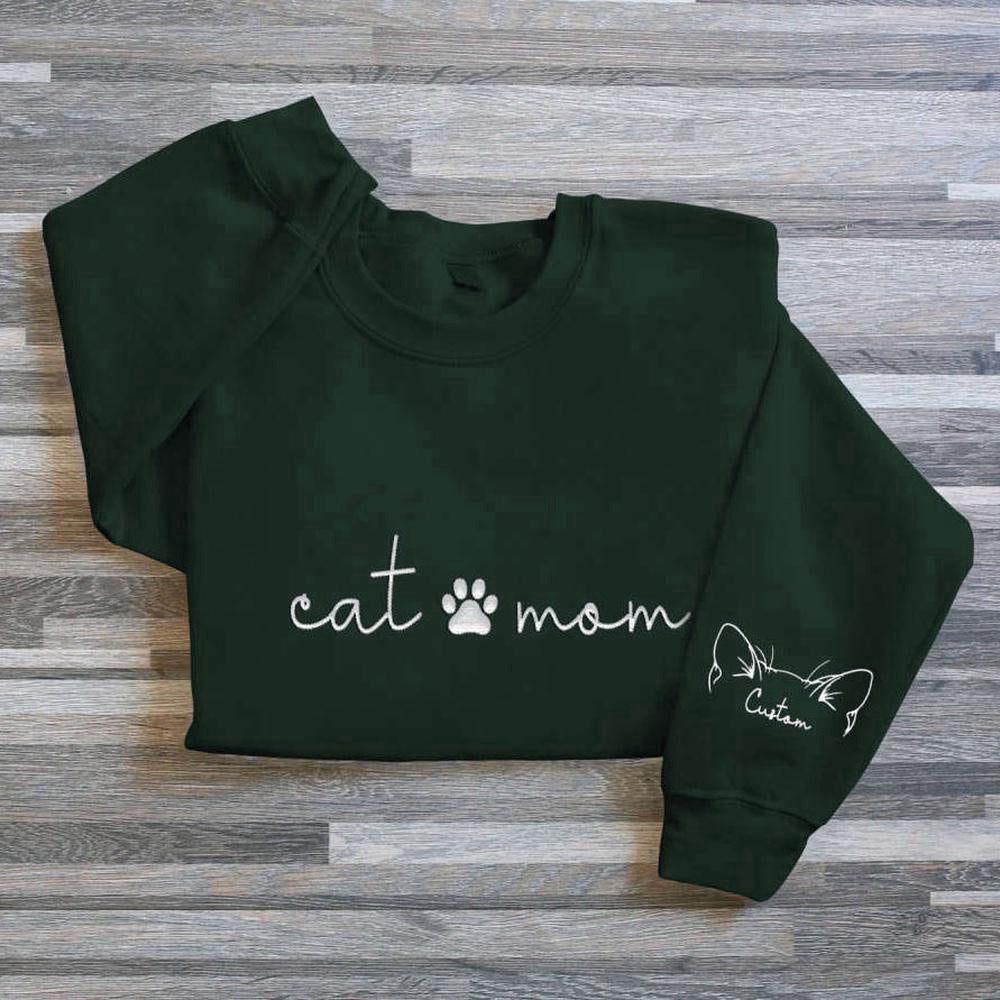 Embroidered Custom Sweatshirts, Cat Mom Embroidered Sweatshirt, Custom Mama Sweatshirt With Pet Names For Cat Lover, Christmas Gift