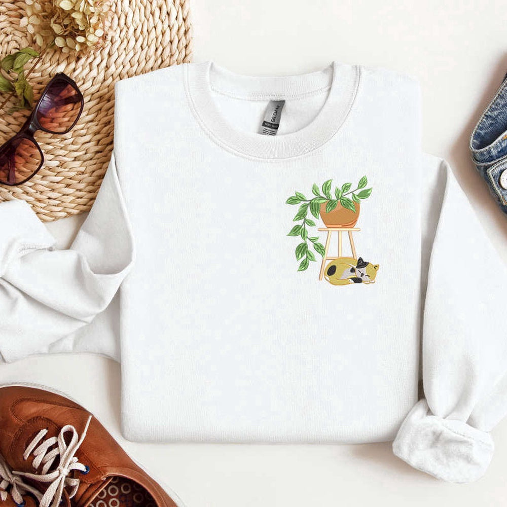 Embroidered Custom Sweatshirts, Cat Plant Pot Embroidered Sweatshirt, Cat Flower Pot Embroidery Sweatshirt For Cat Lover, Christmas Gift