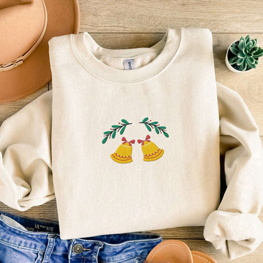 Embroidered Custom Sweatshirts, Christmas Bells Embroidered Sweatshirt, Jingle Bells Embroidered Sweatshirt For Christmas, Christmas Gift