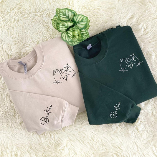 Embroidered Custom Sweatshirts, Custom Best Friend Sweatshirt With Embroidered Promise Hand And Besties Initial On Sleeve, Christmas Gift