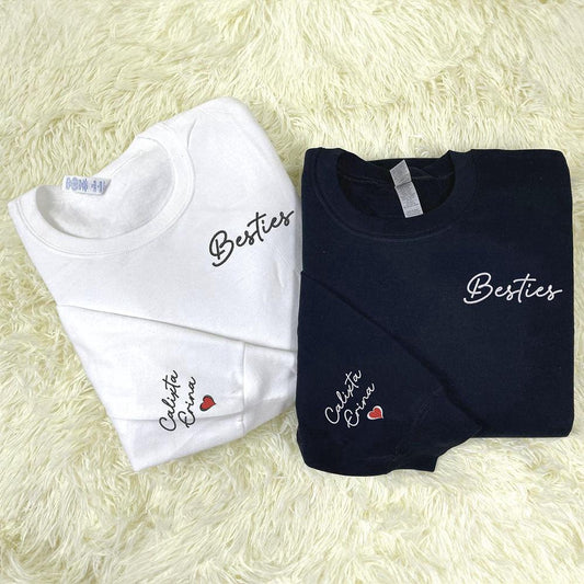 Embroidered Custom Sweatshirts, Custom Besties Sweatshirt With Pocket Embroidery, Icon Name On Sleeve, Christmas Gift