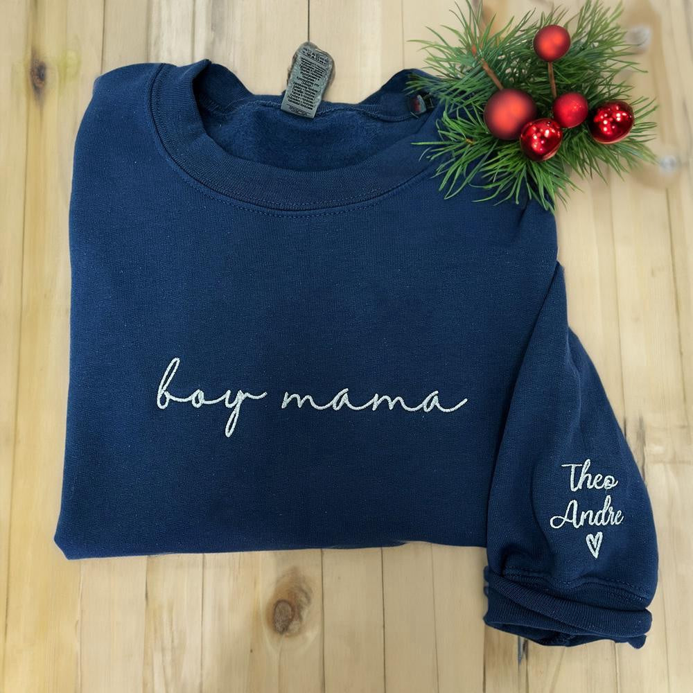 Embroidered Custom Sweatshirts, Custom Boy Mama Sweatshirt Est 2024 Embroidered With Initial Heart Sleeve, Christmas Gift