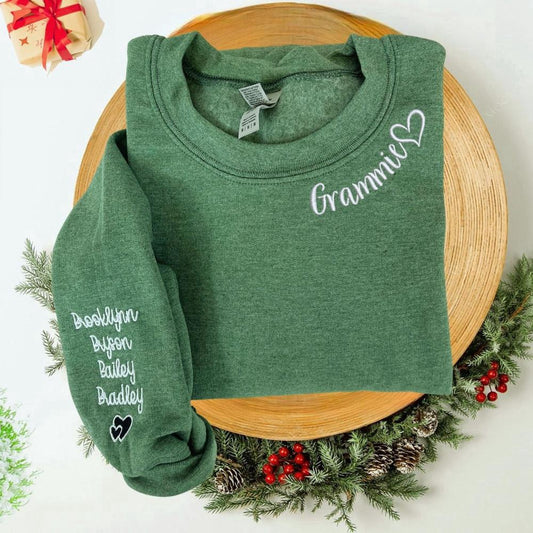 Embroidered Custom Sweatshirts, Custom Embroidered Grammie Sweatshirt With Names On Sleeve, Personalized Gift For Grammie, Christmas Gift